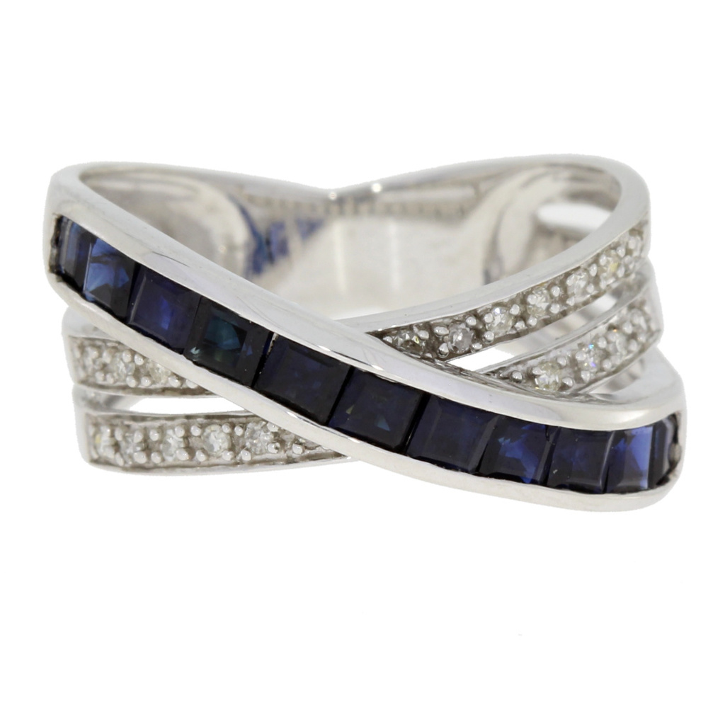 White Gold Sapphire And Diamond Crossover Ring